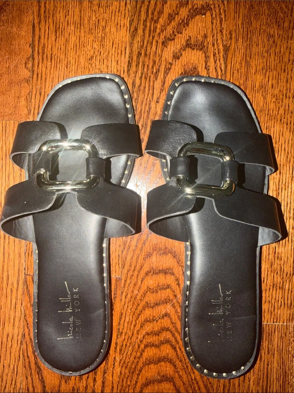 Nicole Miller Black Leather Slide Sandals with Silver Buckle